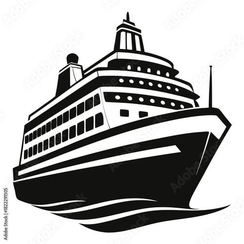 Sleek cruise ship with multiple decks travels over water in black and white