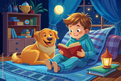 A young boy in soft blue pajamas reading a book on a cozy blanket with a golden retriever by his side, a sweet childhood moment, a quiet home scene and a warm atmosphere of family togetherness.