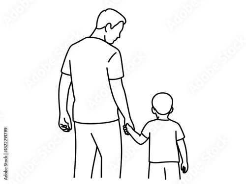 A father and his son walk hand in hand, depicted in a simple line drawing.