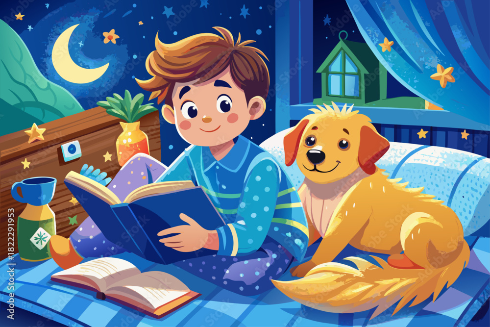 Naklejka premium A young boy in soft blue pajamas reading a book on a cozy blanket with a golden retriever by his side, a sweet childhood moment, a quiet home scene and a warm atmosphere of family togetherness.