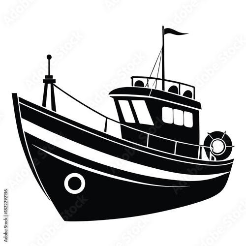 Solid black fishing boat icon shows nautical vessel side view in great detail