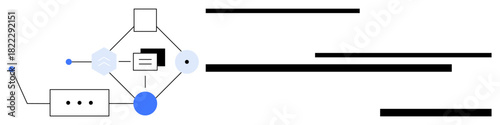 Network of nodes, lines, shapes forming a workflow structure. Ideal for automation, organization, connectivity, collaboration, technology systems process design. Simple flat metaphor