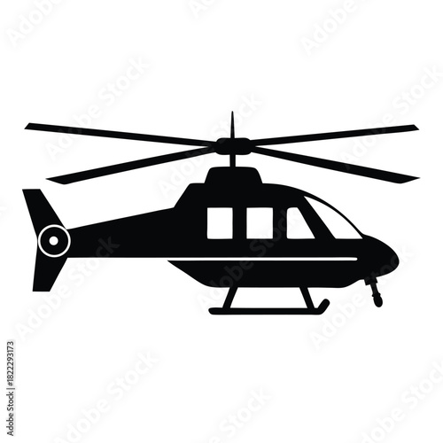 The black helicopter features rotor blades, a tail rotor, and landing skids