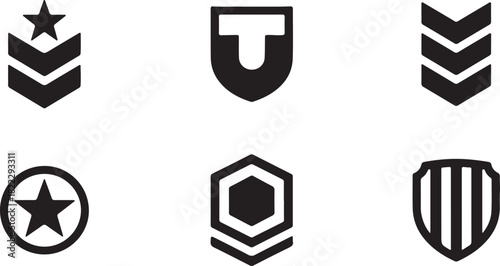 Military and police rank insignia vector icons set, abstract shield badges, star, chevron, and security symbols collection.