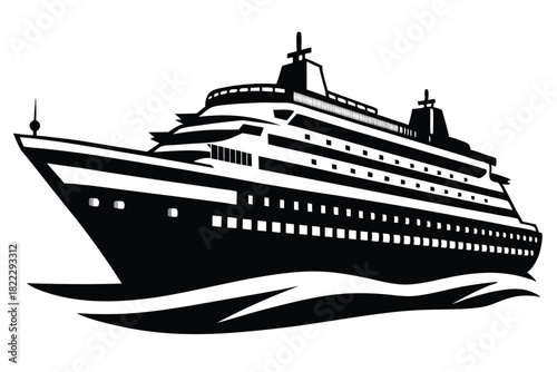 The isolated cruise liner glides smoothly on water, displaying black and white elegant simplicity