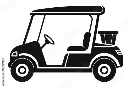 The monochrome golf cart shows one seat and steering wheel clearly on display