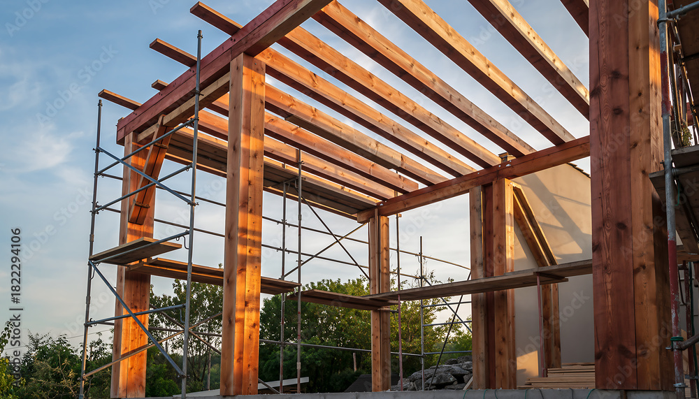 Fototapeta premium Aesthetic wood frame construction showcases natural building and sustainable design, creating a contemporary home with eco-friendly materials and timber framing