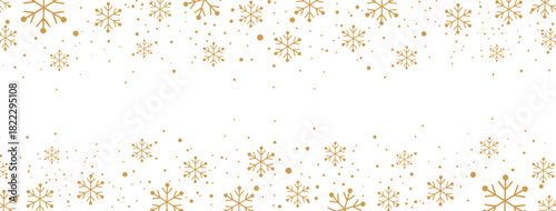 Horizontal winter banner featuring a falling pattern of golden/bronze snowflakes and dots along the top and bottom borders. The elegant design is isolated on white, providing significant central copy 