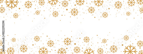 Horizontal winter banner featuring a falling pattern of golden/bronze snowflakes and dots along the top and bottom borders. The elegant design is isolated on white, providing significant central copy 