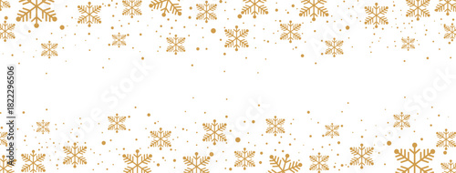Horizontal winter banner featuring a falling pattern of golden/bronze snowflakes and dots along the top and bottom borders. The elegant design is isolated on white, providing significant central copy 