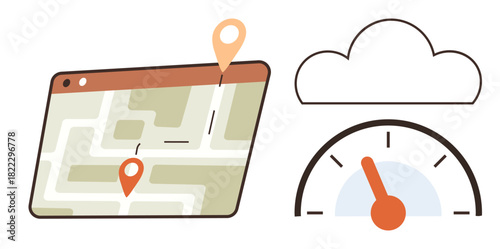 Digital map featuring location pins, cloud graphic, and speedometer gauge. Ideal for navigation, cloud storage, speed, data sharing, internet services technology logistics. Simple flat metaphor