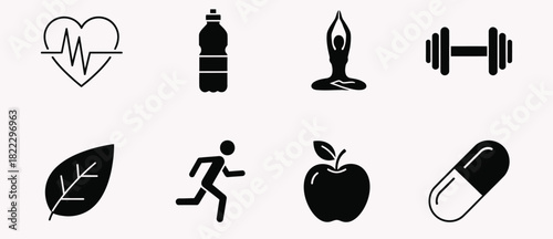 Health and wellness icons representing fitness nutrition and healthy lifestyle choices