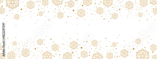 Horizontal winter banner featuring a falling pattern of golden/bronze snowflakes and dots along the top and bottom borders. The elegant design is isolated on white, providing significant central copy 