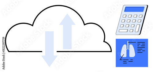 Data transfer cloud with arrows, a calculator, and a medical chart. Ideal for technology, healthcare, digital solutions, innovation, telemedicine, remote diagnostics simple flat metaphor