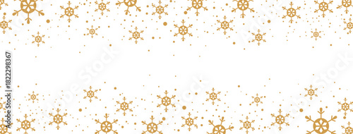 Horizontal winter banner featuring a falling pattern of golden/bronze snowflakes and dots along the top and bottom borders. The elegant design is isolated on white, providing significant central copy 