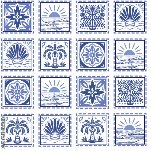 Tropical frame seamless pattern with palm tree seashell sun ocean tile vector