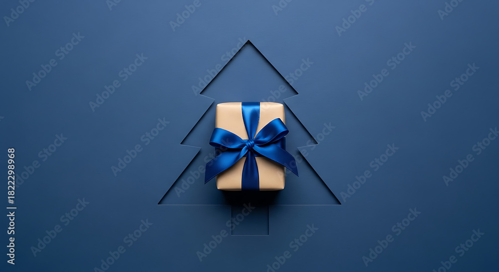 Fototapeta premium Festive Christmas tree silhouette crafted from dark lines, adorned with a beautifully wrapped gift box topped with a vibrant blue ribbon and bow, on a deep blue background