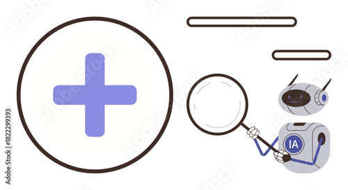 Robot labeled IA holding magnifying glass near large plus sign, representing healthcare, analysis, AI. Ideal for artificial intelligence, medicine, research, innovation, digital tools diagnostics