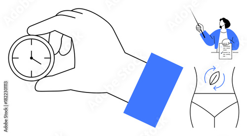 Hand holding clock, instructor explaining dietary plan, arrows indicating digestion process. Ideal for time management, nutrition, digestion, health routines, self-discipline, wellness goals simple
