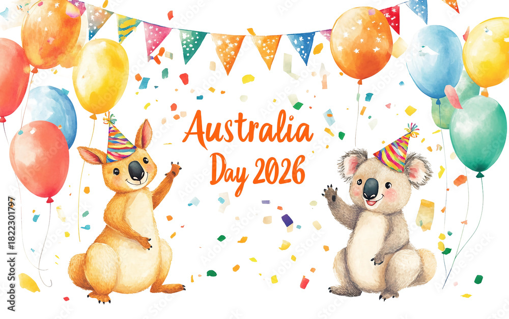 Fototapeta premium Playful Australia Day 2026 banner featuring colorful kangaroo illustration and festive patriotic design isolated on transparent background PNG