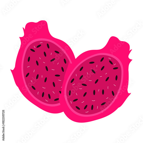 Sliced pink pitaya illustration. Great for themes of exotic foods, healthy eating, nutritional content, packaging, and tropical design.