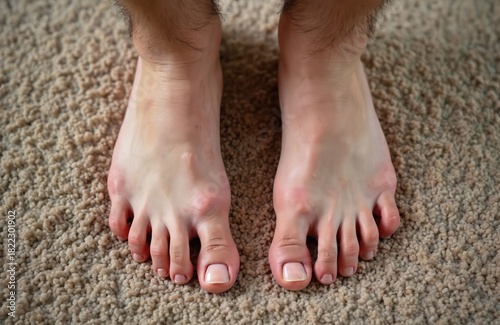 Male feet with deformed hammer toes and bunions. Unhealthy foot structure shows painful joint issues, affecting toes before medical treatment or surgery.
