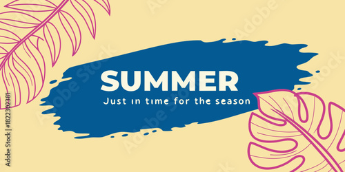 summer special offer banner with tropical leaves and blue brushstroke on yellow background