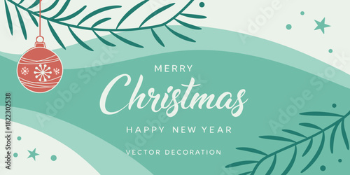 merry christmas and happy new year greeting card with pine branches ornament design