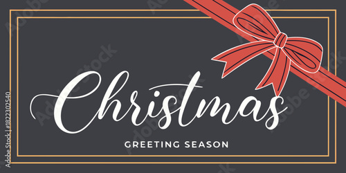 christmas greeting season elegant card with red ribbon bow and gold frame design