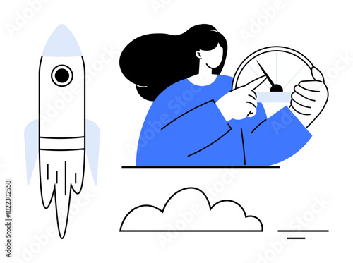 Business growth concept. Modern visual with a woman measuring speed using a speedometer, a launching rocket, and cloud elements. Business growth, innovation, and startup-driven success. Great