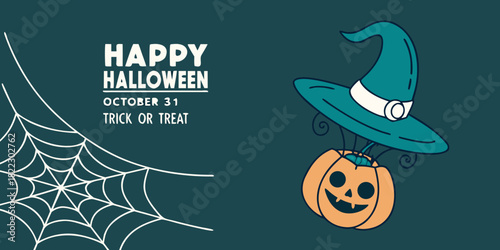 happy halloween banner with jack o lantern pumpkin witch hat and spiderweb design