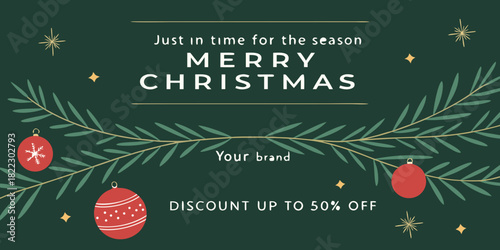 merry christmas sale banner with pine branches ornaments and discount promotion design