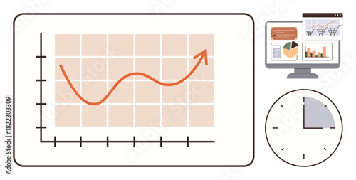 Upward trend line graph, clock showing time, computer screen with data visuals. Ideal for business, finance, time management, analytics, growth productivity strategy. Simple flat metaphor