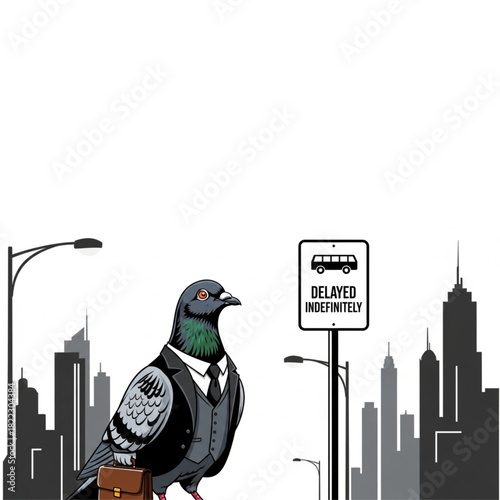 Funny pigeon in a suit with briefcase stands by indefinitely delayed bus sign against a city skyline, humor for the modern commuter, original vector graphics