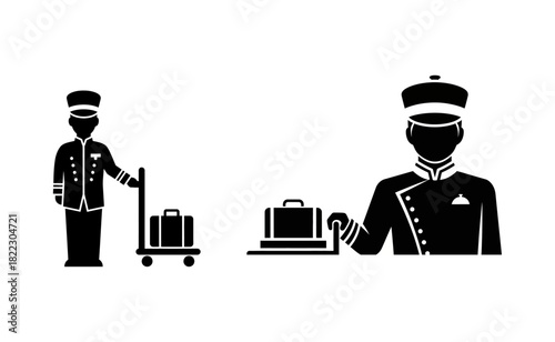 Bellhop pushing luggage cart and holding tray with suitcase in hotel lobby, providing excellent service and creating a welcoming atmosphere.