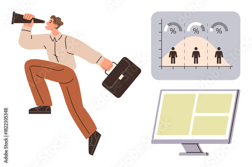 Person with briefcase and spyglass seeking opportunities, accompanied by data graphs and monitor to represent analysis and target strategy. Ideal for vision, business planning, growth, analysis