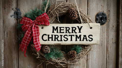 Rustic merry christmas wreath with pinecones greenery and a red bow hanging on a wooden door