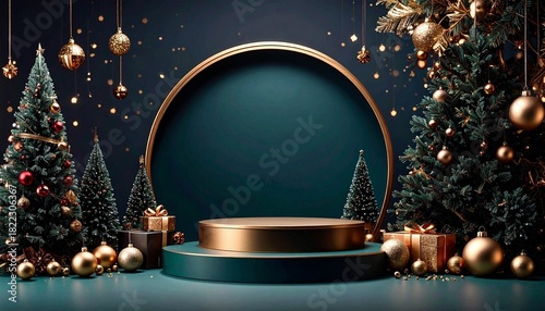 christmast background one colour and little decoration and podium. minimalist style