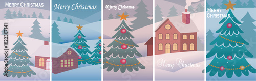Festive christmas scenes featuring snowy landscapes trees and cozy houses