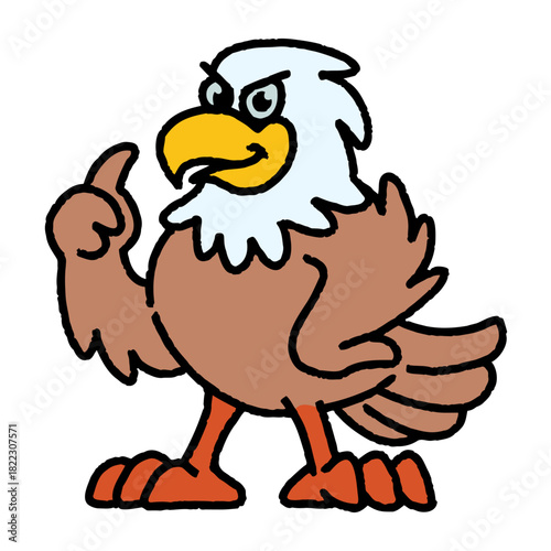 Cartoon eagle with an attitude, fierce bird mascot raising finger, perfect for kids' designs, sports teams, and patriotic themes with bold colors and playful energy