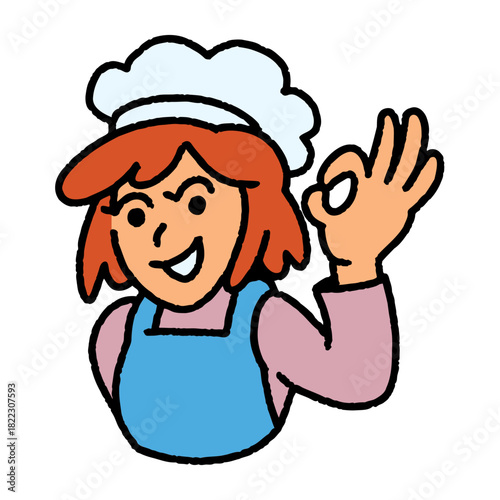 Cheerful chef gives an OK hand gesture, promising deliciousness and quality, perfect for food blogs, restaurant promotions, and cooking tutorials. Simple and engaging design