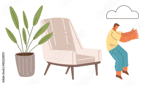 Man extending arms toward thought cloud, near cozy mid-century armchair and leafy potted plant. Ideal for creativity, brainstorming, home comfort, design, relaxation, mindfulness communication. A