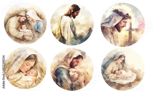 Watercolor nativity illustration collection showing holy family scenes tender mother and infant moments and soft spiritual imagery on transparent background for Christmas faith designs