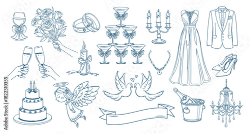 Hand drawn wedding celebration elements set. Doodle icons. Holiday illustrations for wedding invitations. 