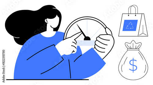 Woman interacting with speedometer, recycled shopping bag, and money bag. Ideal for sustainability, economy, recycling, environmental goals, eco awareness, financial growth and progress metaphors in