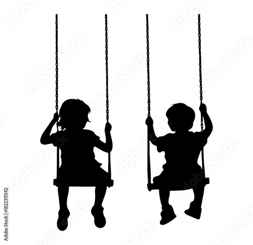 Silhouette of kids playing on swings, capturing childhood joy and carefree summer days, perfect for illustrating family fun, park activities, or playground designs