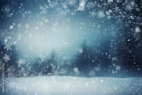 The snowy wooden desk on winter background with snowflakes, AI generated image