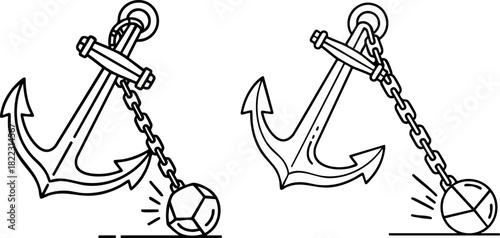 Two white anchors with chains on a black background