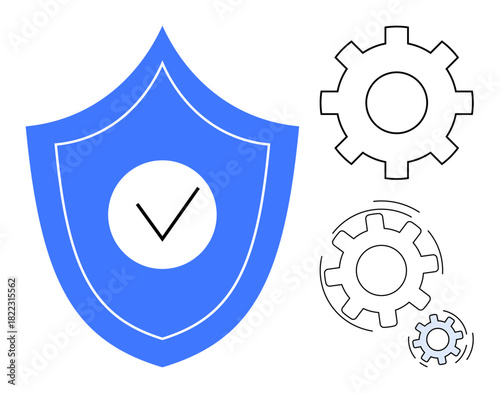 Blue shield with checkmark and three gears symbolizes security, protection, operations, and system reliability. Ideal for cybersecurity, data integrity, software, teamwork, productivity business