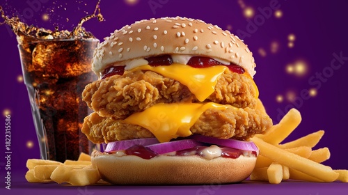 Juicy double chicken burger with cheese, fries, and cola on purple background